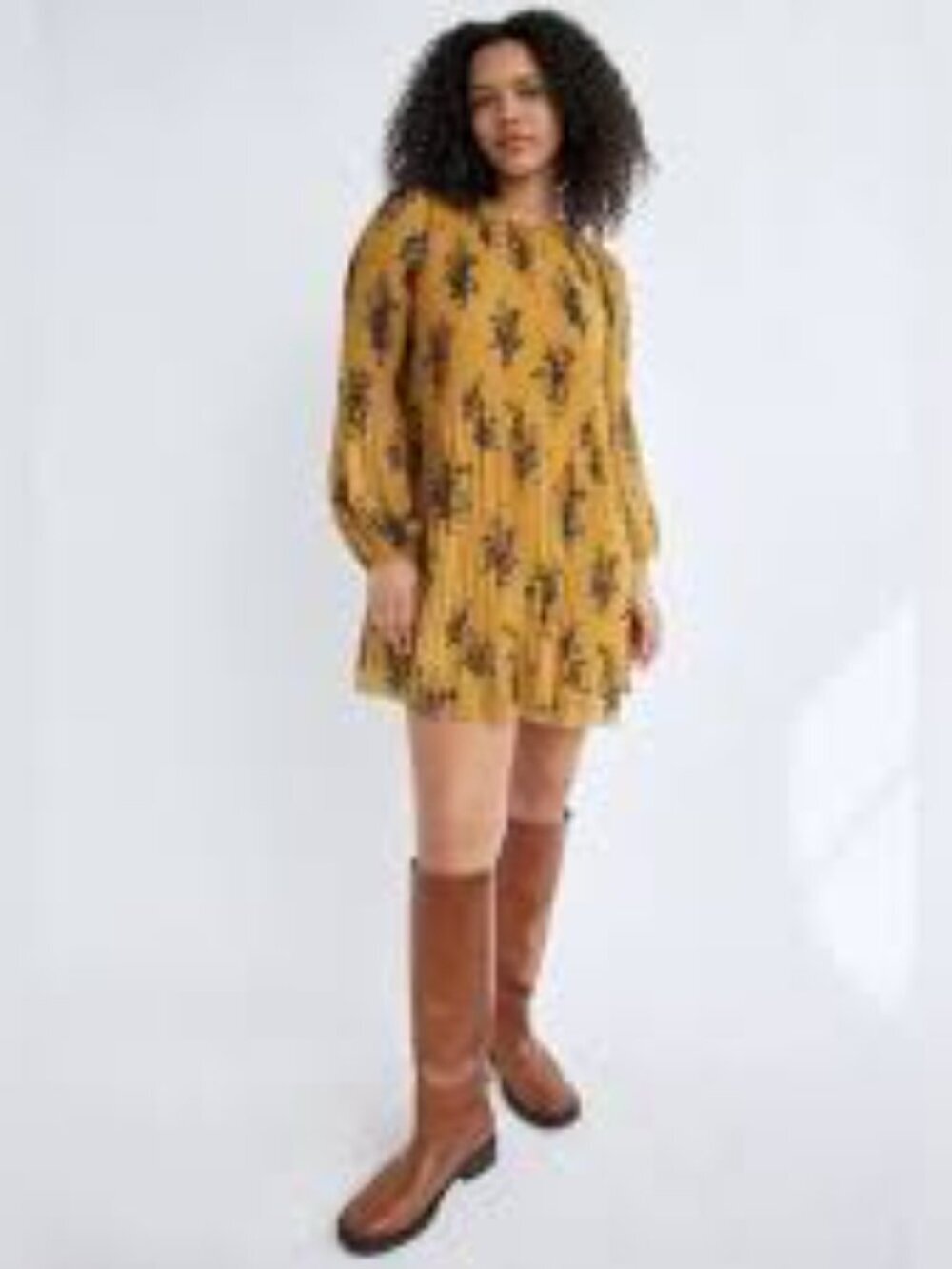 Aritzia Wilfred Daydreamer Yellow Floral Pleated Long Sleeve Mini Dress Sz 2XS